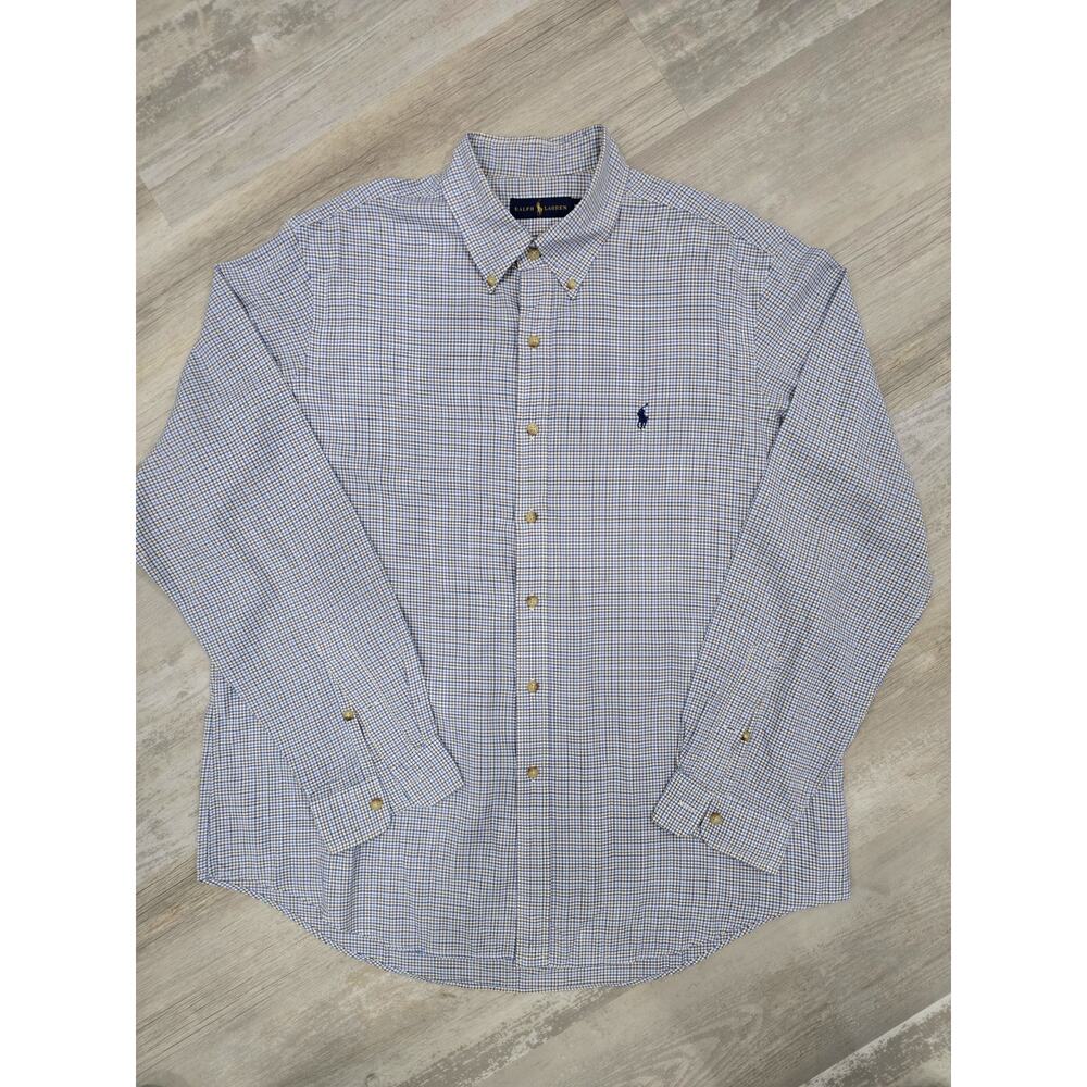 Polo Ralph Lauren Blue Tag Shirt Men 2X White Blue Checked Button Down Pony 012